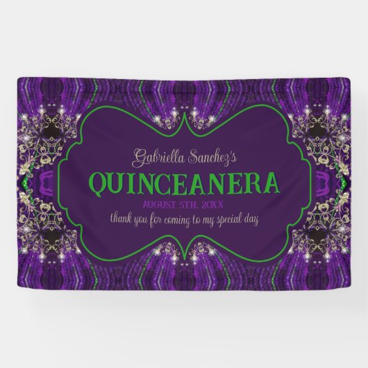 Elegante Quinceanera Paarse Groene Glitter Party Spandoek (Horizontaal)