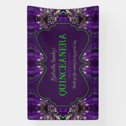 Elegante Quinceanera Paarse Groene Glitter Party Spandoek (Verticaal)