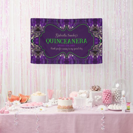 Elegante Quinceanera Paarse Groene Glitter Party Spandoek (Feest)