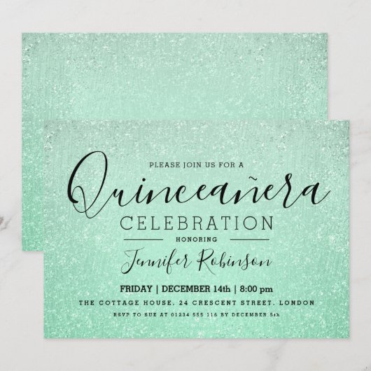Elegante Quinceanera Party Mint Glitter Look Paint Kaart (Voorkant / Achterkant)