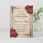 Elegante Quinceanera Red Rose Gold Folie Uitnodigi Kaart (Staand voorkant)