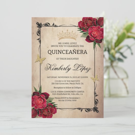 Elegante Quinceanera Red Rose Gold Folie Uitnodigi Kaart (Staand voorkant)