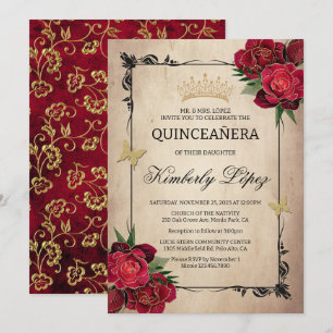 Elegante Quinceanera Red Rose Gold Folie Uitnodigi Kaart