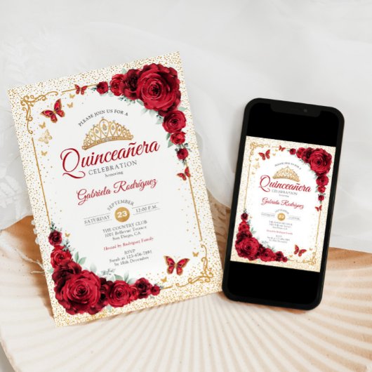 Elegante Quinceanera Rode Rozen Goud Wit Kaart