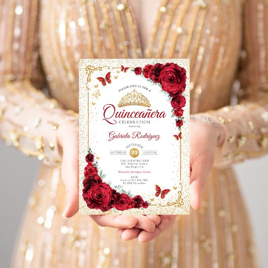 Elegante Quinceanera Rode Rozen Goud Wit Kaart
