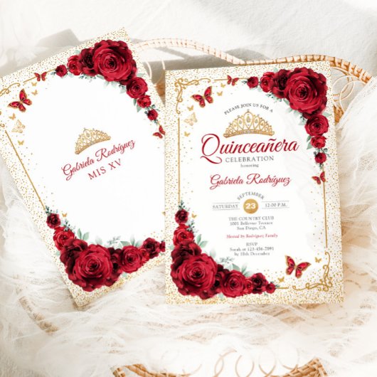 Elegante Quinceanera Rode Rozen Goud Wit Kaart