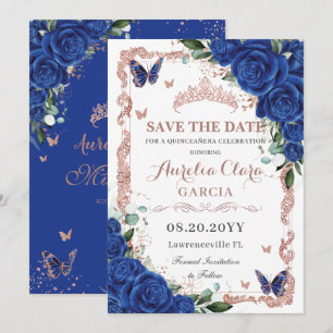 Elegante Quinceañera Royal Blue Floral Roos Gold Save The Date