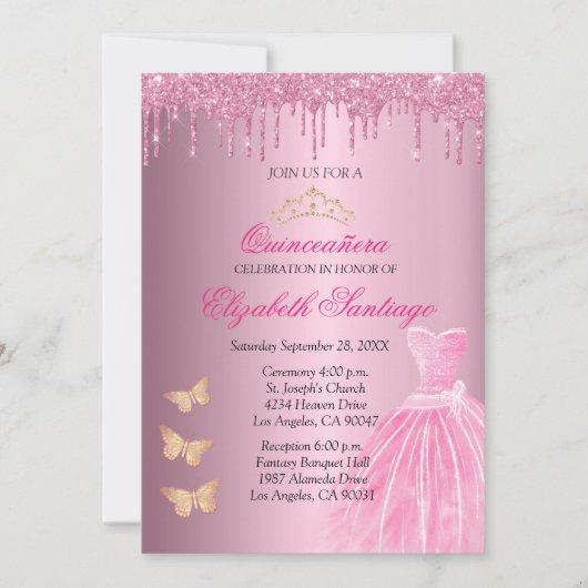 Elegante Quinceañera Roze en Gouden Glitter Drips Kaart (Voorkant)