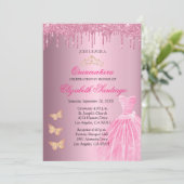 Elegante Quinceañera Roze en Gouden Glitter Drips Kaart (Staand voorkant)