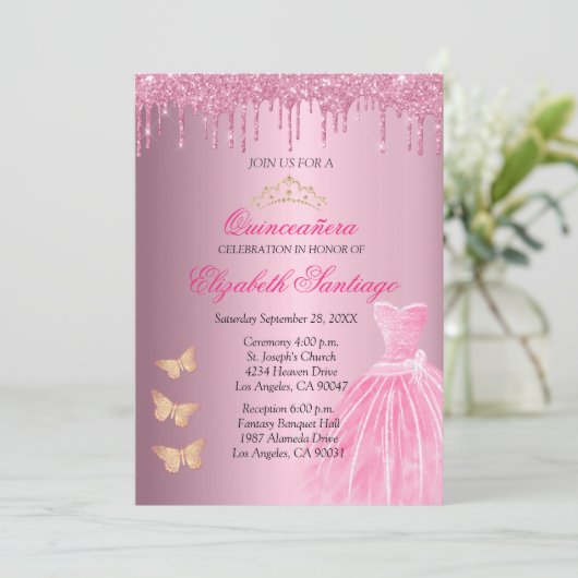 Elegante Quinceañera Roze en Gouden Glitter Drips Kaart (Staand voorkant)
