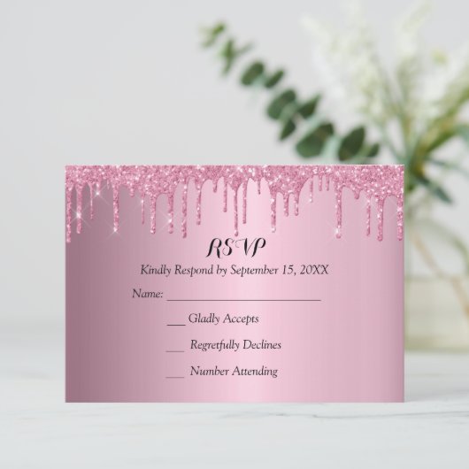 Elegante Quinceañera Roze en Gouden Glitter Drips RSVP Kaartje (Staand voorkant)