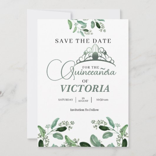 Elegante Quinceañera Sage Green Crown Save The Date (Voorkant)