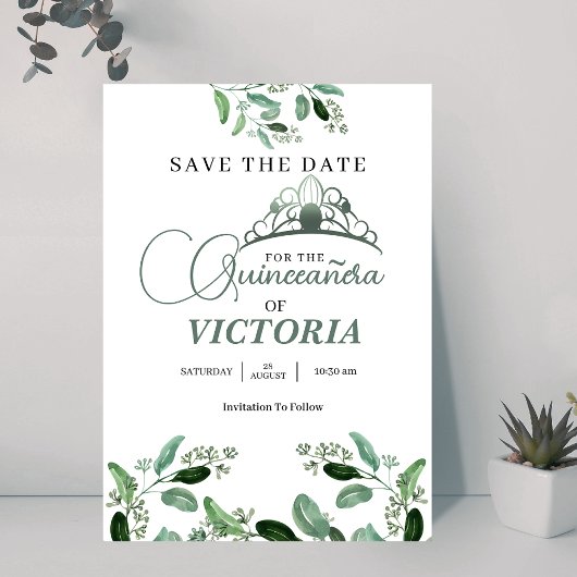 Elegante Quinceañera Sage Green Crown Save The Date