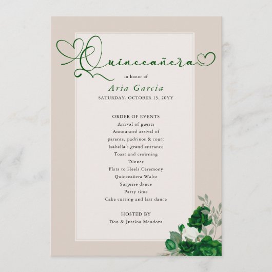 Elegante Quinceanera Smaragd Groene Rozen Programmakaart (Voorkant)