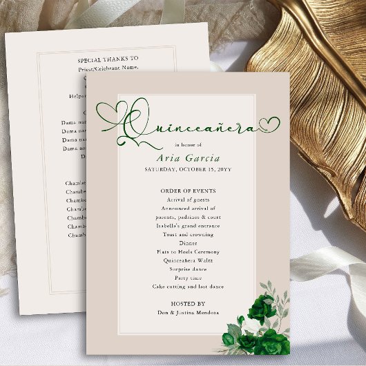 Elegante Quinceanera Smaragd Groene Rozen Programmakaart