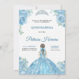Elegante Quinceanera uitnodiging blauw bloemmotief