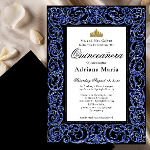 Elegante Quinceanera-uitnodiging Blauwe Krulwerk Kaart