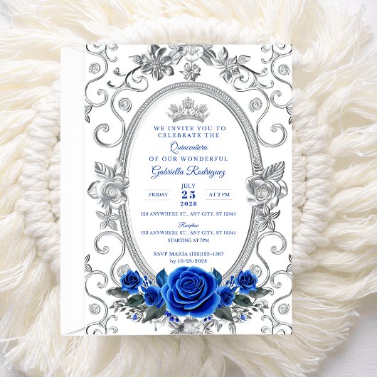 Elegante Quinceañera Uitnodiging Bloemen Blauw Z3