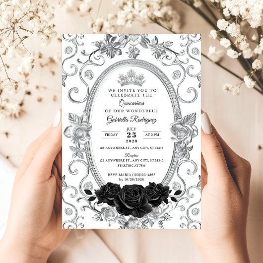 Elegante Quinceañera Uitnodiging Bloemig Zwart Z2