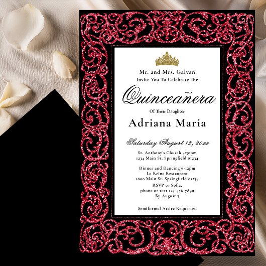 Elegante Quinceanera-uitnodiging Rood Scrollwerk Kaart