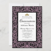 Elegante Quinceanera-uitnodiging Roze Scrollwerk Kaart (Voorkant)