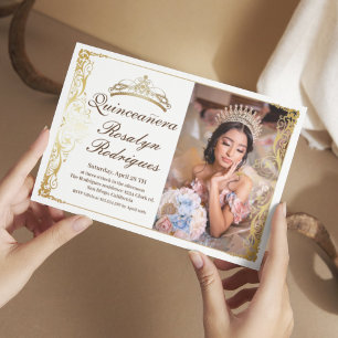 Elegante Quinceanera Witgoud Foto Uitnodiging