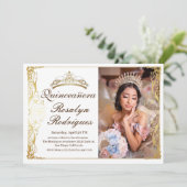 Elegante Quinceanera Witgoud | Foto Uitnodiging (Staand voorkant)