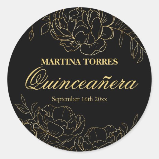 Elegante Quinceanera Zwart en Goud Bloemen Sticker (Voorkant)