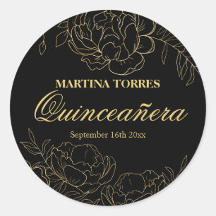 Elegante Quinceanera Zwart en Goud Bloemsticker Ronde Sticker