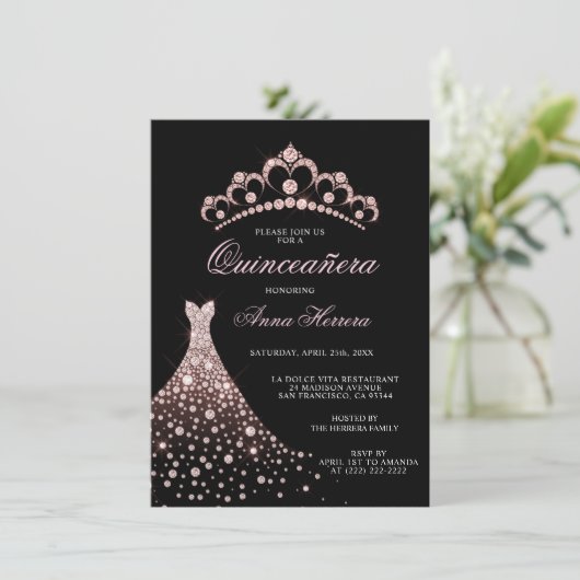 Elegante Quinceañera Zwart Roze Tiara Jurk Kaart (Staand voorkant)