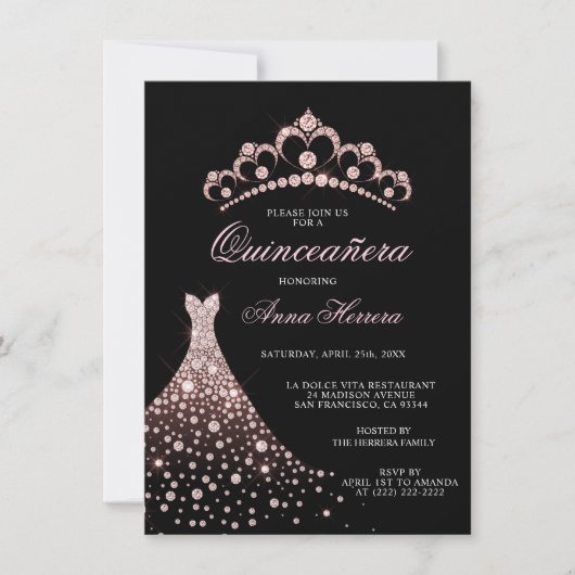 Elegante Quinceañera Zwart Roze Tiara Jurk Kaart (Voorkant)