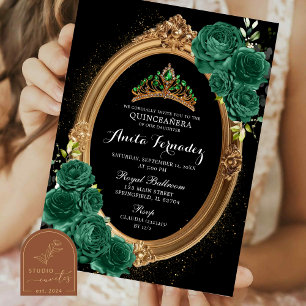 Elegante Quinceanera Zwarte Smaragdgroene Uitnodig Kaart