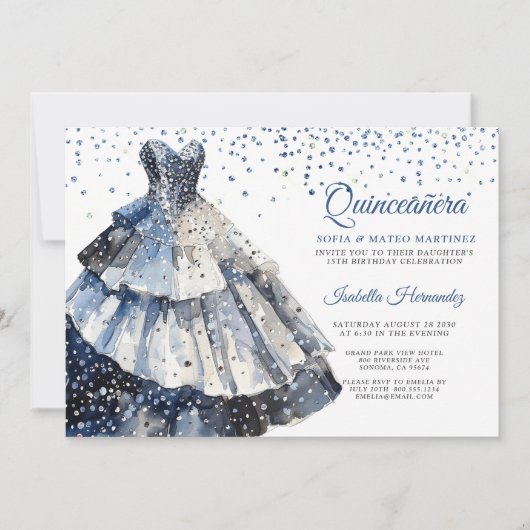 Elegante Quineanera Glitter Blue Gown Party Kaart (Voorkant)