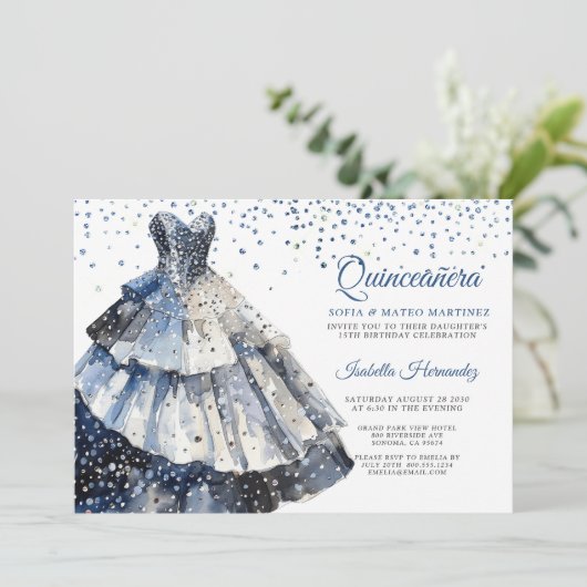 Elegante Quineanera Glitter Blue Gown Party Kaart (Staand voorkant)