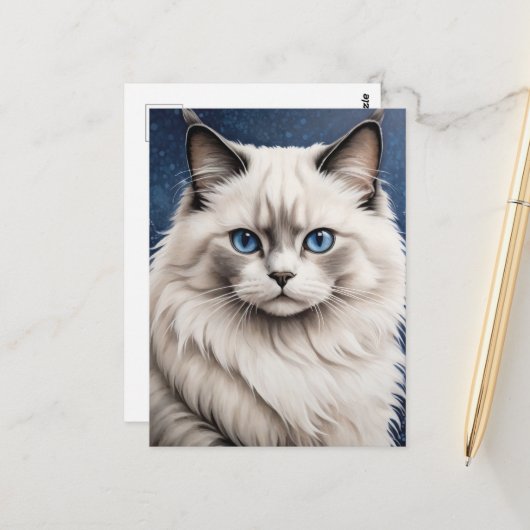 Elegante Ragdoll Cat Portret Kunstwerk Blauwe Ogen Briefkaart (Voorkant / Achterkant in situ)