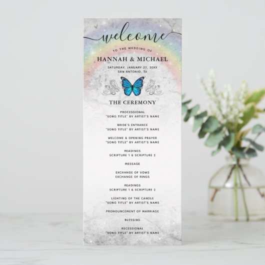 Elegante Rainbow Blue Butterfly Wedding Programma' Kaart (Staand voorkant)