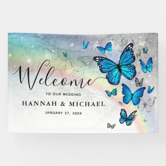 Elegante Rainbow Blue Butterfly Wedding Welkom Spandoek (Horizontaal)