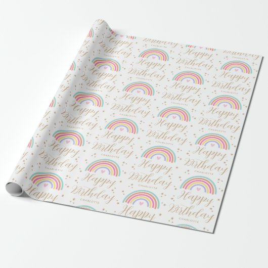 Elegante Rainbow Heart Happy Birthday Naam Cadeaupapier (Uitgerold)