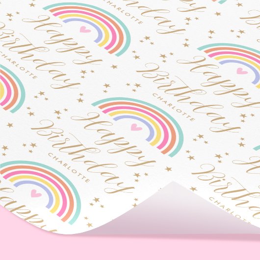 Elegante Rainbow Heart Happy Birthday Naam Cadeaupapier