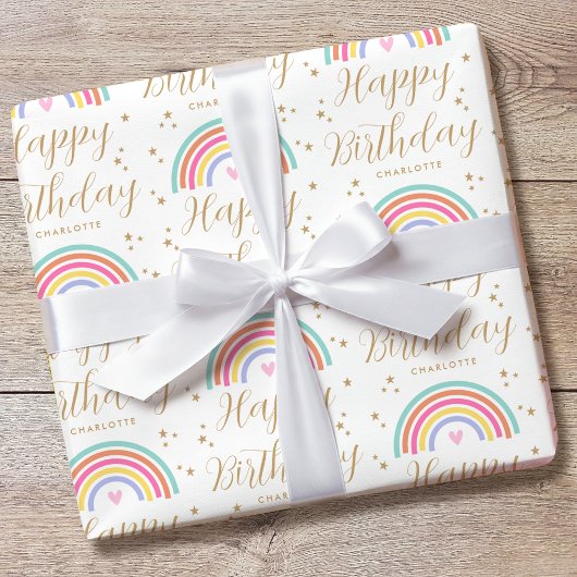 Elegante Rainbow Heart Happy Birthday Naam Cadeaupapier