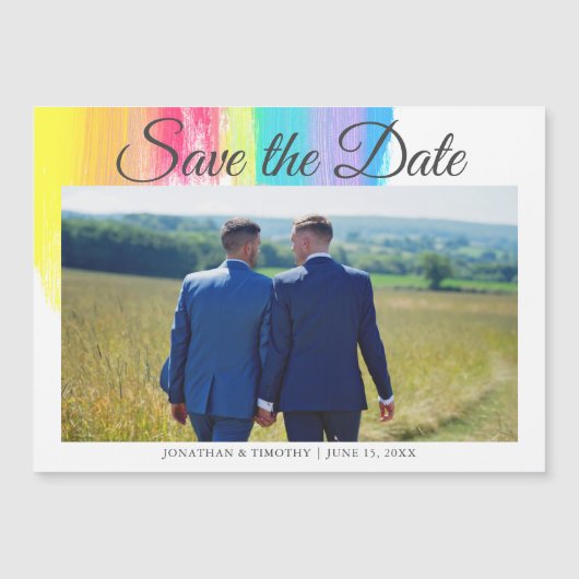Elegante Rainbow LGBTQ Couple Photo Save the Date Magnetische Uitnodiging (Voorkant)