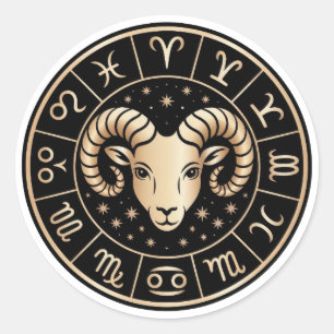 Elegante Ram Sterrenbeeld Goud Zwart Ronde Sticker