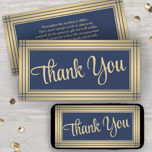 Elegante rand navy- en goudkleurige schrift bedank aankondiging