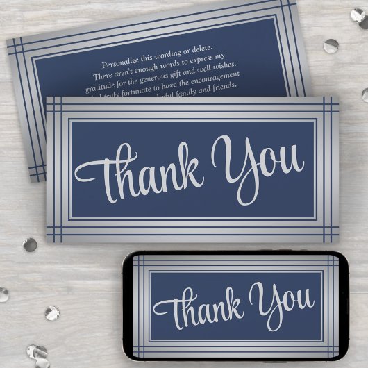 Elegante rand navyblauw script bedankkaart aankondiging