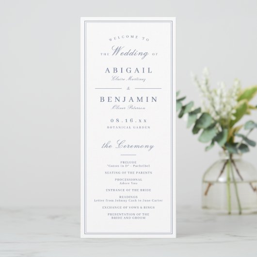 Elegante randen blauw minimalistisch trouwprogramm programmakaart (Staand voorkant)