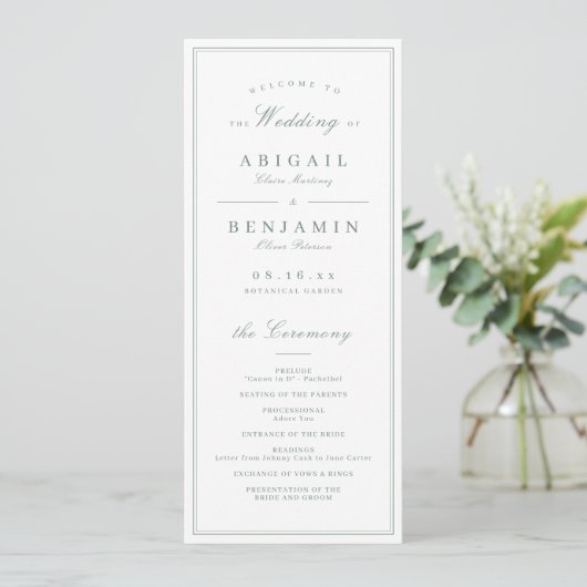 Elegante randen salie minimalistisch trouwprogramm programmakaart (Staand voorkant)