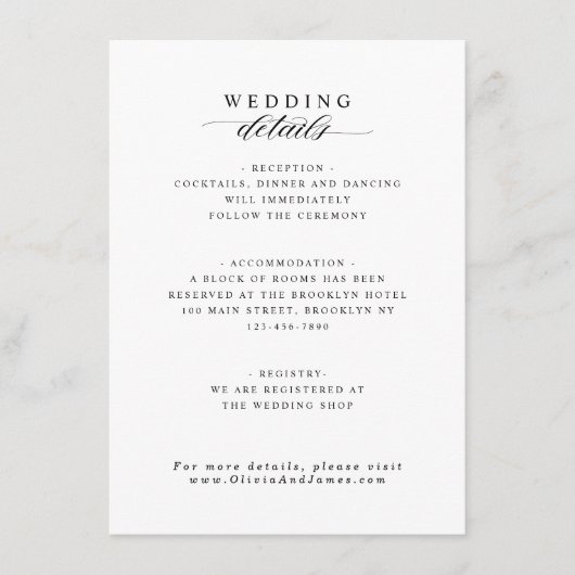 Elegante Receptie Accommodatie Bruiloft Details Informatiekaartje (Voorkant)