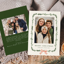 Elegante Red Bow Greenery Garland Cream 2 Foto Feestdagenkaart