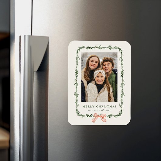 Elegante Red Bow Greenery Garland Vakantiefoto Magneet