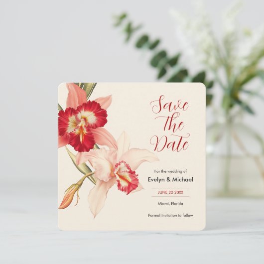 Elegante Red Cattleya Orchids bruiloft Save the Da Save The Date (Staand voorkant)